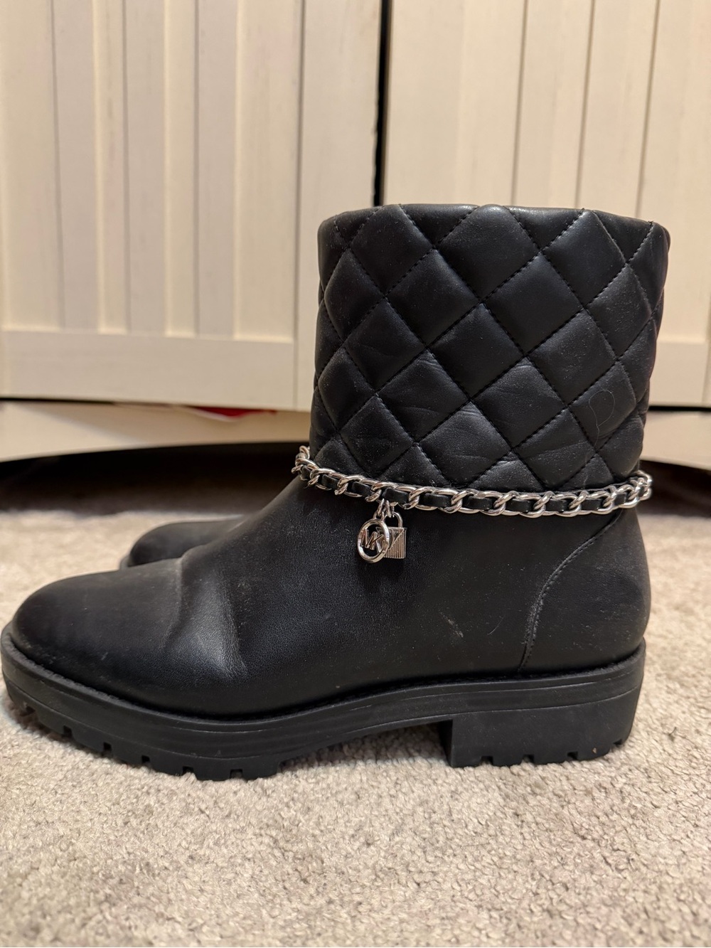 Michael Kors Black Quilted Leather Ankle Boots with Silver Chain Charm